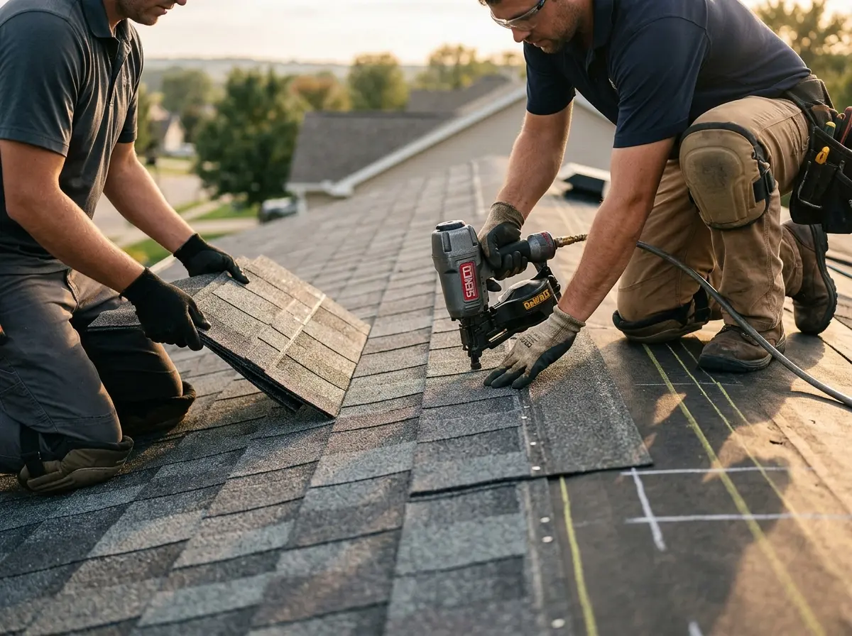 Professional roofer working on a residential roof in Deer Park